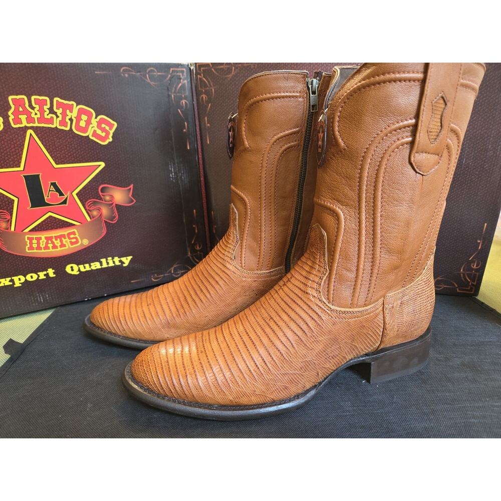 LOS ALTOS DULL COGNAC TEJU LIZARD ROUND TOE WESTERN COWBOY BOOT 65G0703 D WIDTH - Picture 2 of 3